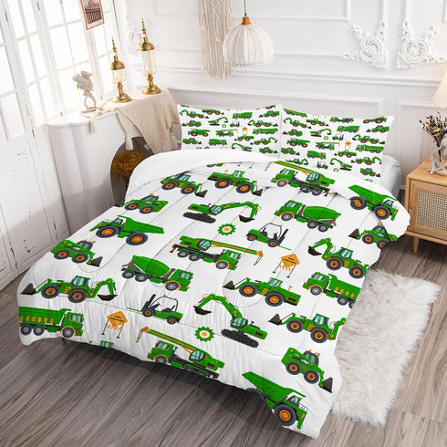 Set Sets Set 1 1 Comforter Green Tractor: Twin Size Cartoon Excavator Truck Car Bedding for Boys Kids Teens Toddler