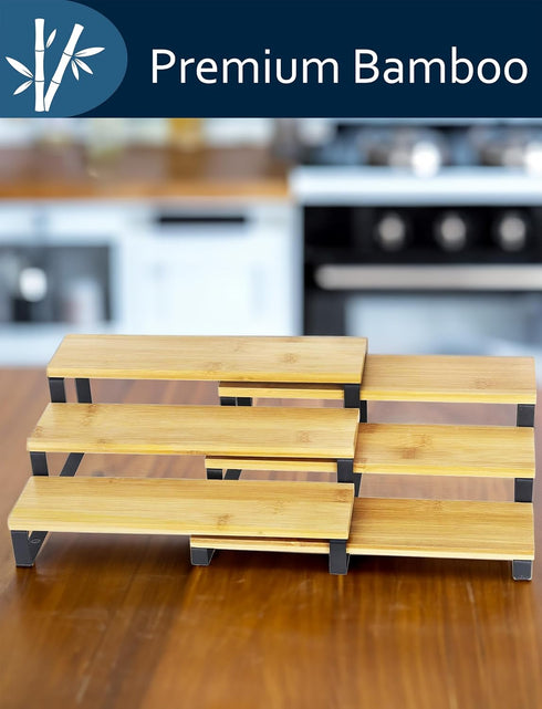 RoyalHouse Bamboo and Metal Expandable Spice Rack Organizer, 3-Tier Adjustable Kitchen Cabinet Countertop Display Shelf