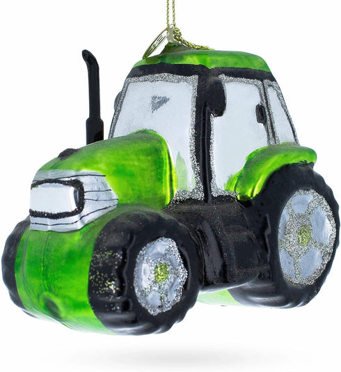 Rustic Green Tractor Blown Glass Christmas Ornament
