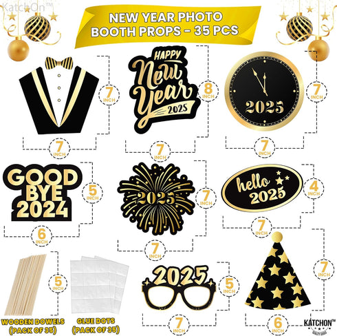 KatchOn New Years Photo Booth Props 2025 - Pack of 35 for New Years Eve Party Supplies and Decorations