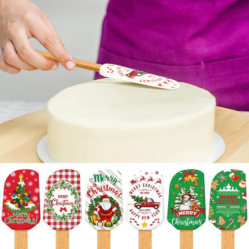 6 Pieces Christmas Silicone Spatula Set, Cute Style Pancake Spatula with Wooden Handle for Baking