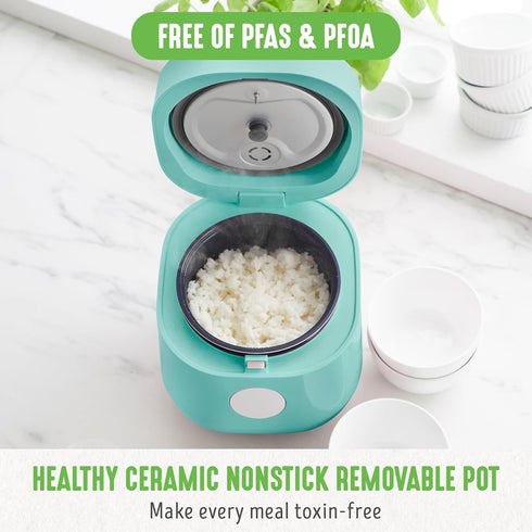 GreenLife 4-Cup Digital Rice Cooker, PFAS & PFOA-Free, Removable Ceramic Pot, Touch-screen, Turquoise