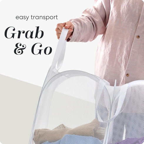 Handy Laundry Mesh Popup Hamper - White, Two Compartments, Collapsible for Easy Storage, Great for Kids Room or Travel.