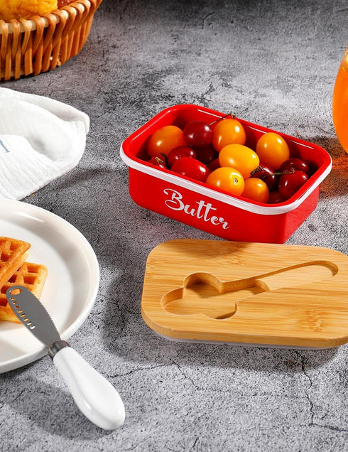 Butter Dish with Lid, Metal Butter Keeper and Stainless Steel Knife, Large Kitchen Container, Red