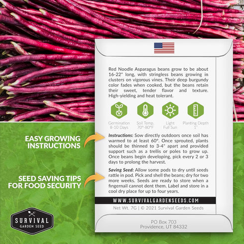 2 Packs Survival Garden Seeds - Red Noodle Asparagus Bean Seed for Planting - with Instructions to Plant and Extremely