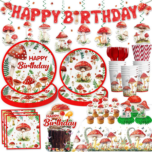 cocomigo 185Pcs Mushroom Birthday Decorations Tableware Set, Mushroom Birthday Decorations with Plates