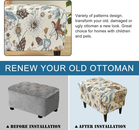 Bottom(06, KRFOONN Ottoman Slipcovers Stretch Rectangle Footrest Stool Covers Printed Ottoman Cover for Foot Stool