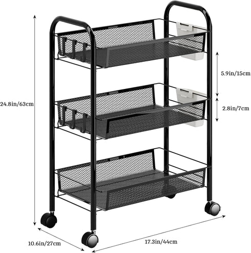 5 360 41 Inch 3-Layers) Fruit Vegetable Basket Storage Cart Tier Stackable Metal Mesh Basket with Degree Wheels High