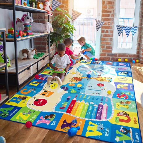 4x6 Playroom Rugs for Kids Washable, Educational and Fun Playmat with ABC Alphabet Animals Shapes Colors, Non-Slip Play