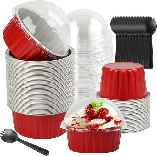 BAKINGPAK 50PCS Mini Aluminum Pans with Lids, 4OZ Baking Cups, Disposable Ramekins, Red Mini Cake Pans for Birthday