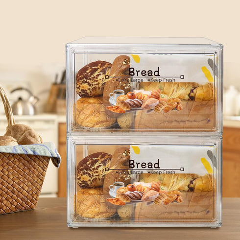 RISICULIS 2PCS Countertop, Counter, Large Bread Box for Stackable Double Layer Storage Container, Clear Boxes