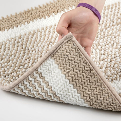 MILVOWOC Luxury Chenille Shaggy Bath Mats, Non-Skid Soft Rugs for Bathroom, Machine Wash/Dry, Khaki/White (17x24 Inch)