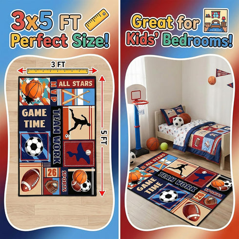 3x5 BATATADOCE Sports Rug for Boys Bedroom - Feet Basketball Football Soccer Baseball Area Rug for Kids Room Playroom