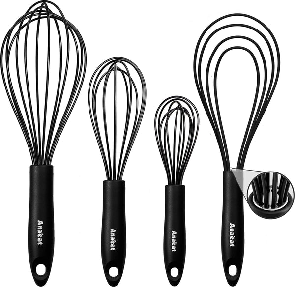 Anaeat Silicone Kitchen Whisk Set of 4, Perfect for Non-Stick Cookware, Includes 11'' Flat Whisk