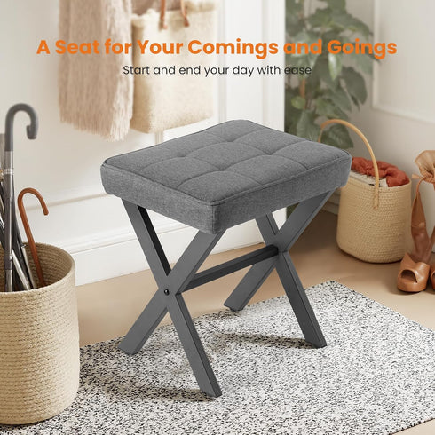 Sweetcrispy Vanity Stool Ottoman, Square Linen Makeup Stool Metal X Legs, Small Footstool Chair for Vanity, Modern