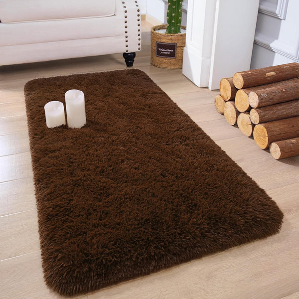 Chicrug 2x4 Feet Soft Plush Fluffy Runner Rug for Bedroom Living Room, Non-Shedding Shag Carpet, Coffee