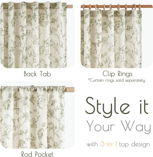 84 Inch 2 Lazzzy Charlotte Green Floral Curtains Length Linen Farmhouse Curtain Back Tab Drapes for Living Room Bedroom