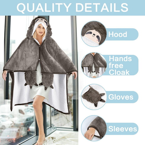 Cozy Sloth Wearable Hooded Blanket for Adults - Super Soft Warm Plush Flannel Fleece & Sherpa Hoodie Throw Cloak Wrap