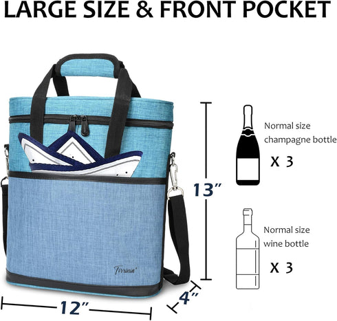 Tirrinia Insulated Wine Gift Carrier - 3 Bottle Travel Padded Cooler Tote Bag with Handle, Blue