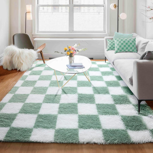 KICMOR 5x8 Cozy Living Room Rugs Sage Green and White, Large Fluffy Furry Shaggy Fuzzy Checkered Area Rug Bedroom Big
