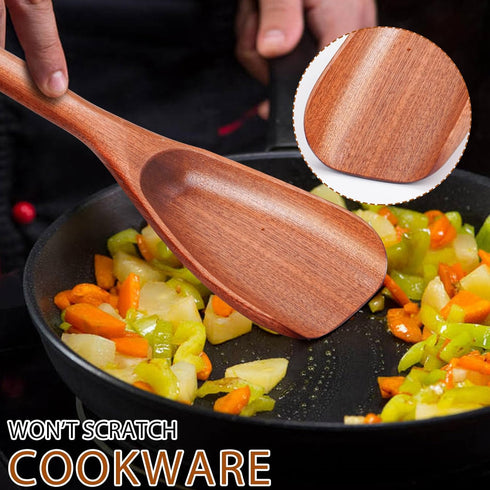 Wooden Cooking Spatula for Nonstick Cookware, Solid Kitchen Utensil Spoon and Spatula in One