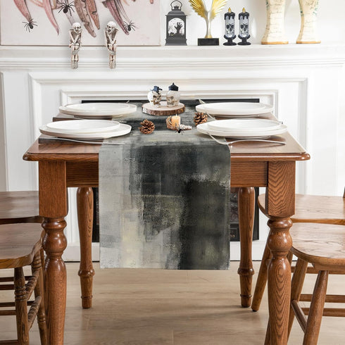 Winotic 72 Inches Washable(13"x72", Black Grey Watercolor Table Runner Long, Art Abstract Modern Table Runners