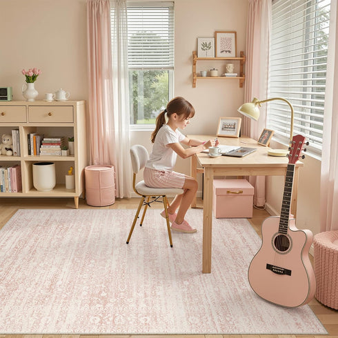 5x7 5'x7') Soalmost Pink Area Rugs for Baby Girl Nursery, Washable Rugs Vintage Floral Non-Slip Low Pile Soft Throw
