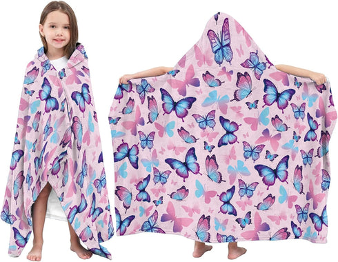 JOPJOLIW Butterfly Hooded Towel for Kids, Blue Pink Butterfly Poncho Blanket for Toddlers