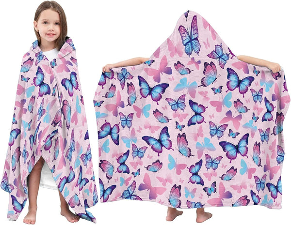 JOPJOLIW Butterfly Hooded Towel for Kids, Blue Pink Butterfly Poncho Blanket for Toddlers