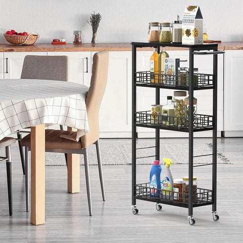 Slim Storage Cart, 4 Tier Rolling Kitchen Cart, Utility Serving Cart for Small Spaces, Modern Black
