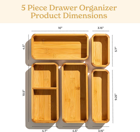 SMIRLY 5-Piece Bamboo Kitchen Drawer Organizer Set for Multi-use Storage Box for Utensils and More