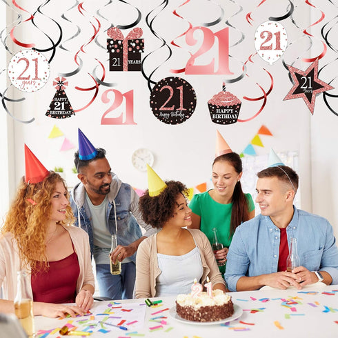 Blulu 21st Birthday Party Decorations, 21st Birthday Banners Rose Gold Hanging Swirls for Party Supplies 30 Count