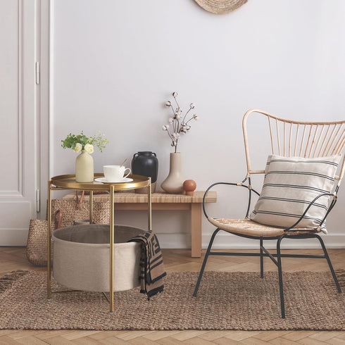 danpinera Round Side Table with Fabric Storage Basket, Metal Side Small Bedside Table Nightstand with Removable Tray