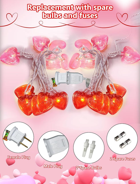 8.5FT 14 IP44 Heart String Lights Plug in, Valentine Lights Indoor & Outdoor, Red Pink Heart Shaped String Lights