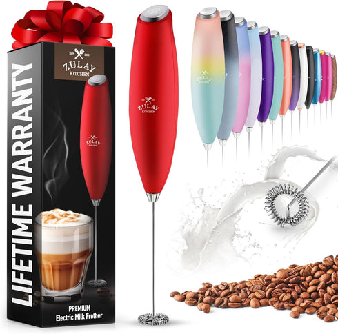 Zulay Powerful Milk Frother for Coffee, Handheld Electric Whisk, Mini Mixer for Frappe, Latte, Matcha (Red)