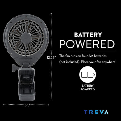 Treva 5 Inch Two Speed Battery & USB Powered Clip On Fan, Slim and Portable, Gray