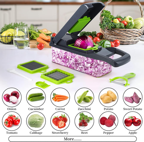 Vegetable Chopper - Pro Onion Chopper, 14 in 1 Multifunctional Food Chopper with 8 Blades and Container (Grey)