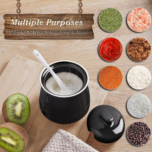 Sugar Bowl with Lid and Spoon, 12 oz Ceramic Sugar Container for Coffee Bar, Modern Kitchen Decor, Black Sugar Jar