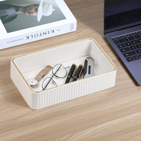 Desk Organizer Tray, PU Leather Nightstand Organizer Perfume Valet Tray for Men Women, Decorative Vanity Trays Trinket