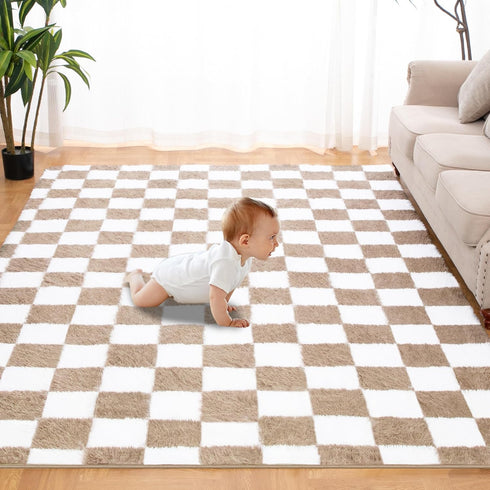 TOOHUB Super Soft Rug for Bedroom, 5x7 Ft Beige and White Area Rug
