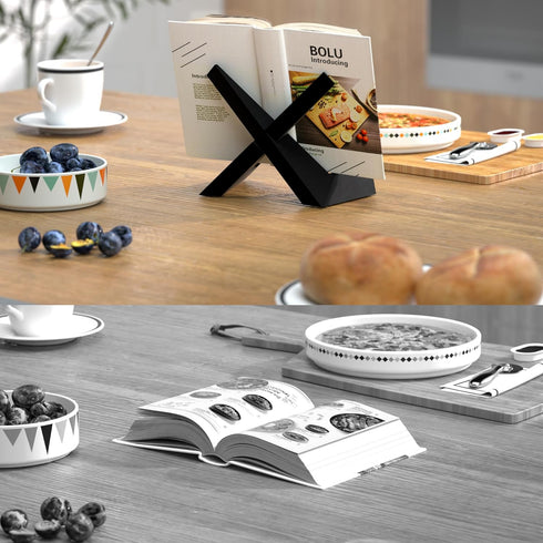 Cookbook Stand for Kitchen, Black Recipe Book Holder for Counter, Wooden Plate Display Stand for Tabletop