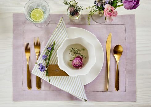Solino Home Linen Placemats Set of 4 - Classic Hemstitch Lilac 14 x 19 Inch Table Mats, 100% Pure Linen