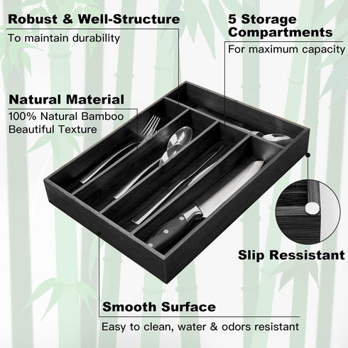 Bamboo Kitchen Drawer Silverware Organizer - 5 Slots Utensil Holder Tray for Flatware