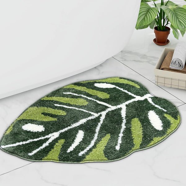 Cute Monstera Leaf Shaped Bathroom Rugs Non Slip Bath Mat Absorbent Washable Small Bath Matt Bathroom Decor