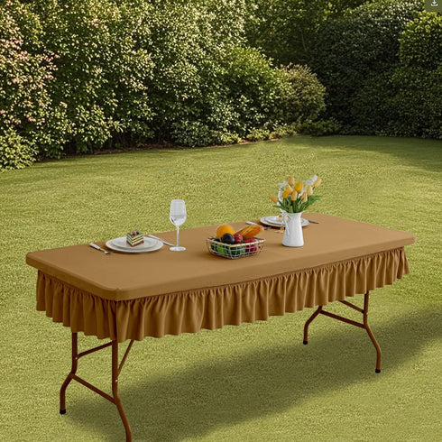 6ft Coffee Stretch Tablecloth for Rectangular Tables - Flared Wrap Design, Waterproof, Wrinkle-Resistant, Washable