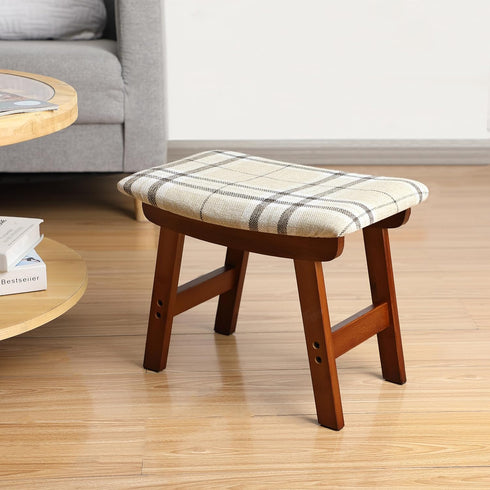 Bamboo Footrest Ottoman with Beige Striped Cushion and Brown Legs - Small Size