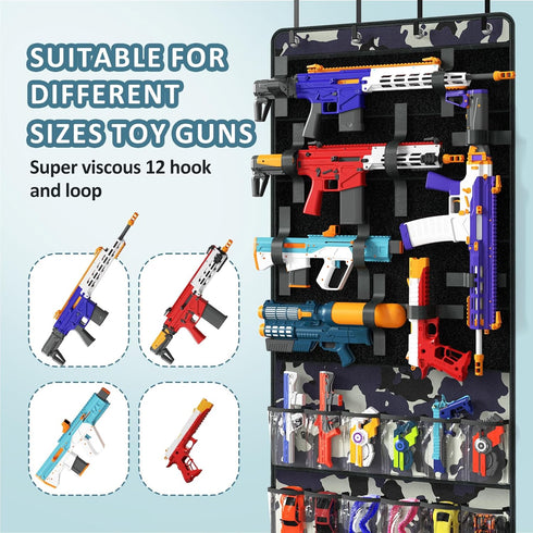 Over The Door Organizer for Toy Guns, Toy Storage, Toys Organizer with Pockets, Hook&Loop Straps for Foam Blasters