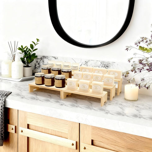 Varbonia Set 2 3-Tier 6 Pack) Wood Display Risers - x Rectangular Stands, Layered Aesthetic Shelves for Cupcakes