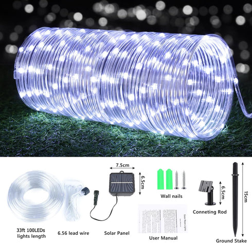 33ft 100LED 8 Solar Rope Lights, Solar String Lights, Modes Waterproof Solar Powered Outdoor Light, Flexible Clear Tube