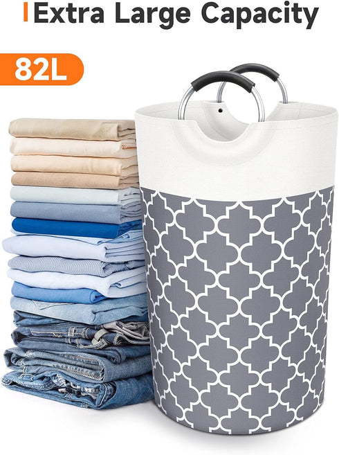 Large Laundry Basket, Collapsible Tall Hamper Bag with Handles for Waterproof Storage (Grey, 82L)